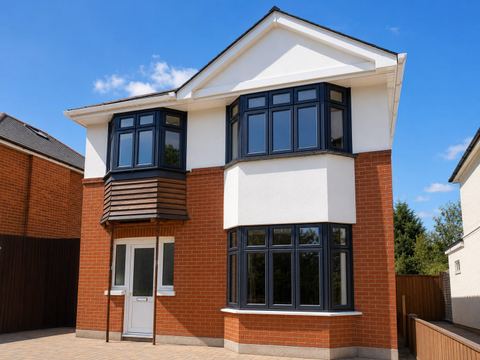 Detached home with renewed white render, red brickwork and dark framed windows