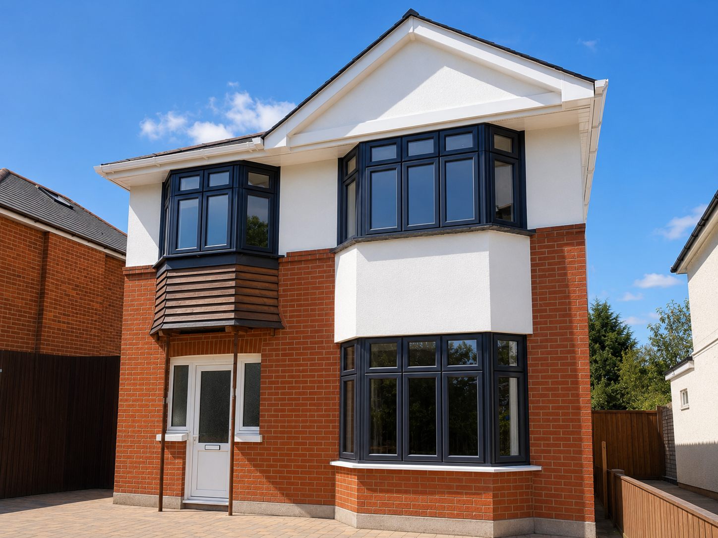 Detached home with renewed white render, red brickwork and dark framed windows