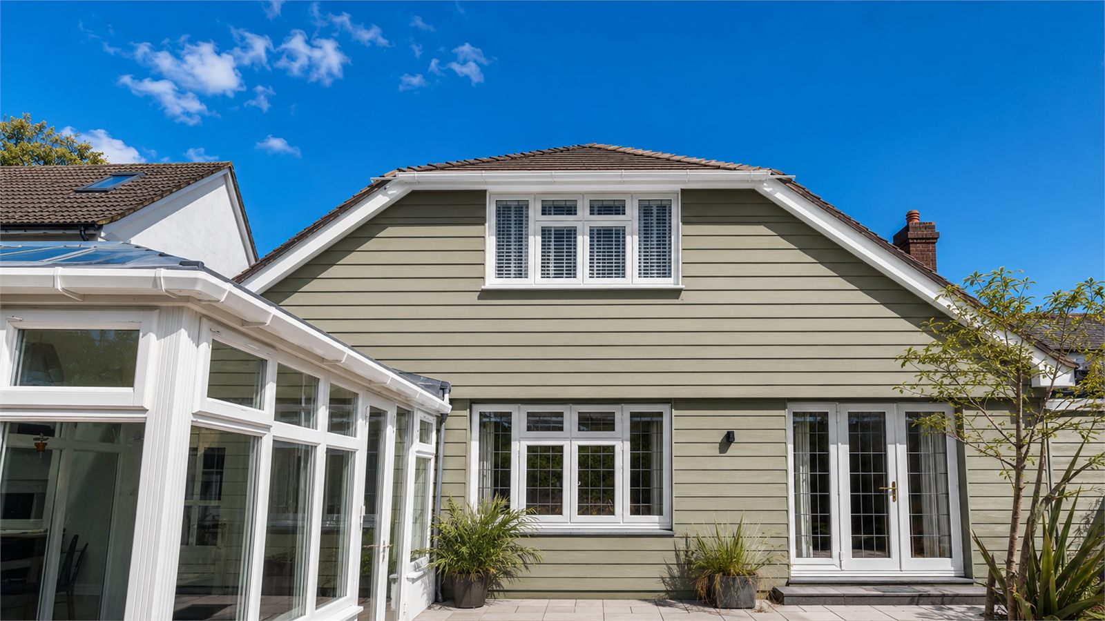 Green clad rear elevation with white windows and garden paving