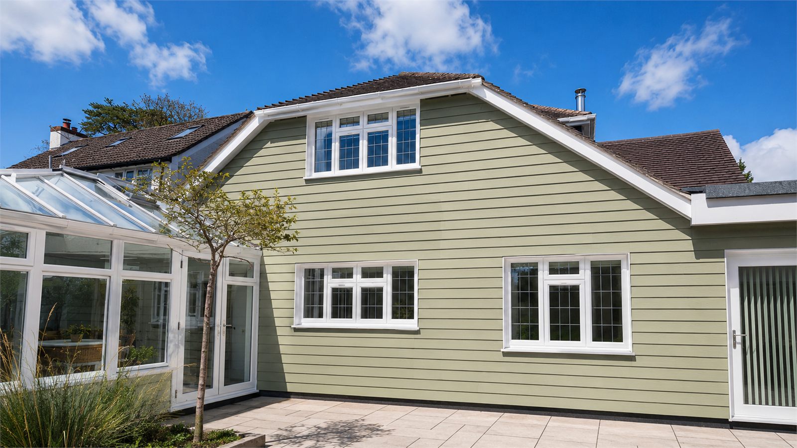 Completed green horizontal cladding across the rear of a house