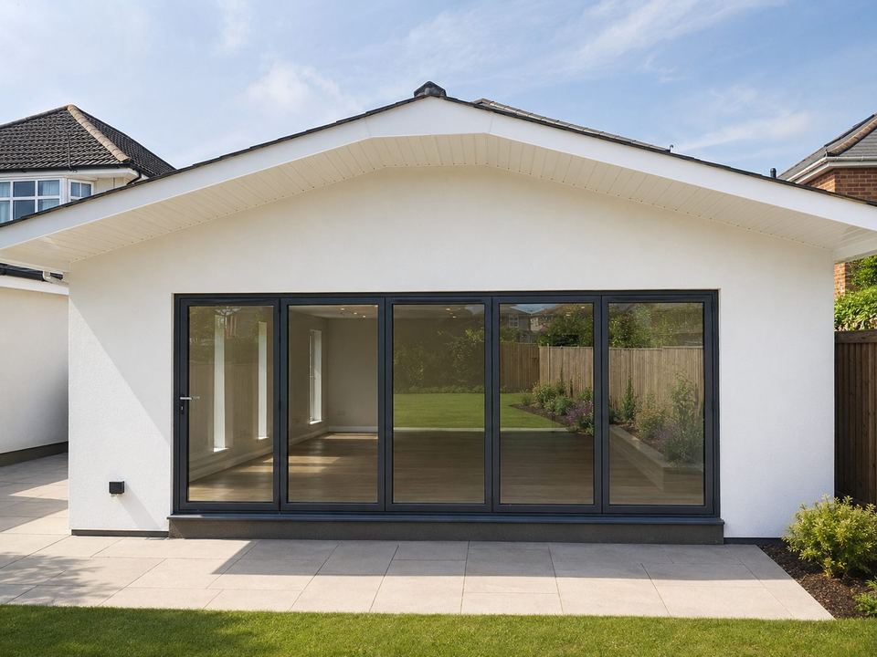 Completed single-storey extension with wide dark framed bifold doors